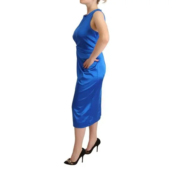 P.A.R.O.S.H. Blue Acetate Sleeveless Pleated Midi Sheath Dress